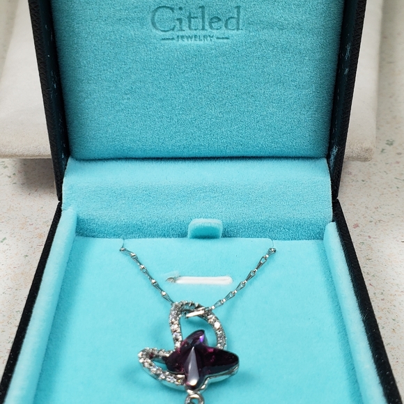 Citled Swarovski Crystal Birth Stone Amethyst Double Butterfly Pendant - Picture 4 of 13